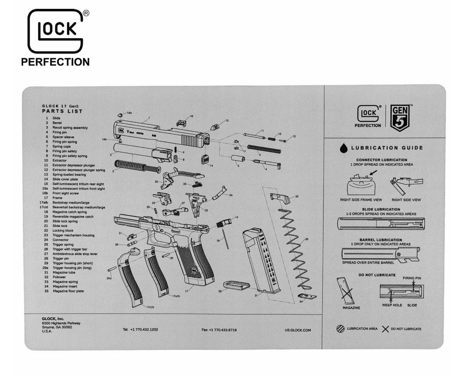 Glock GEN5 Genuine Bench Mat AS10064, 11x17, Diagram Parts List - NEW