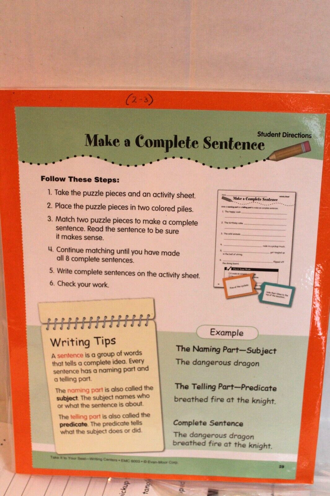 Evan-Moor Writing Center Activity "Make a Complete Sentence" Grades 2-3