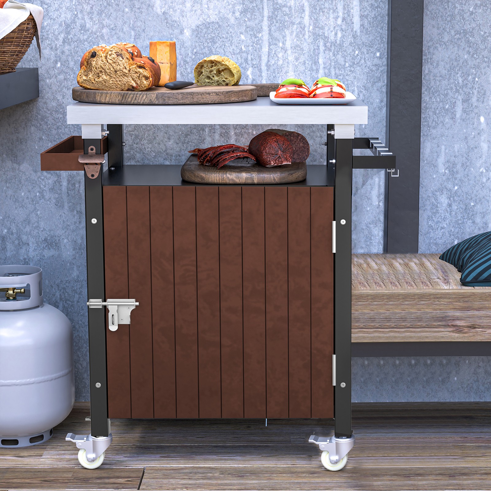 Outdoor Grill Cart with Stainless Steel Tabletop, Storage, Patio Kitchen