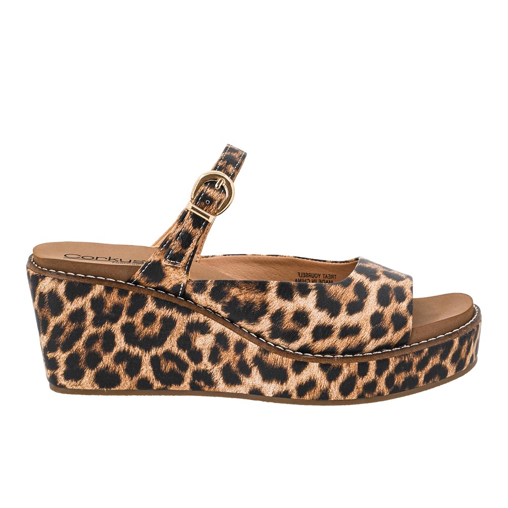Corkys Treat Yourself Wedge  Womens Brown Casual Sandals 41-0793-LEOP