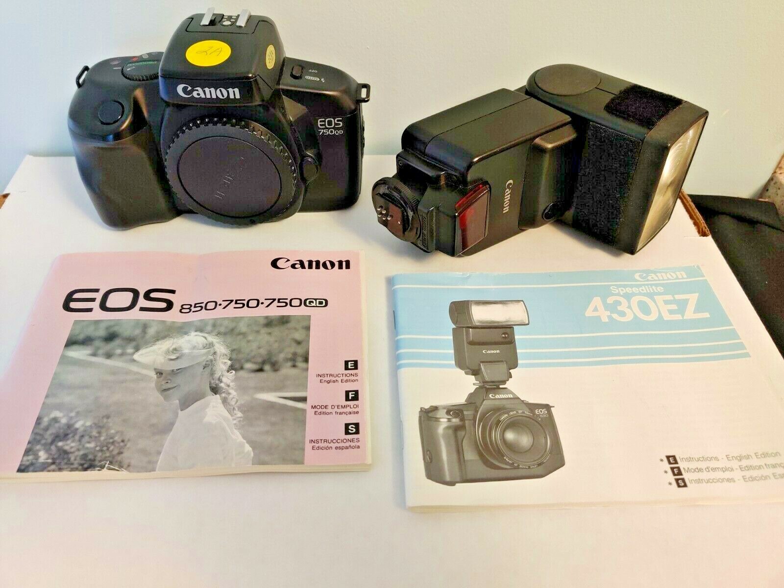 Canon EOS QD Programable Camera & Speedlite 430 EZ flash + Manuals - untested