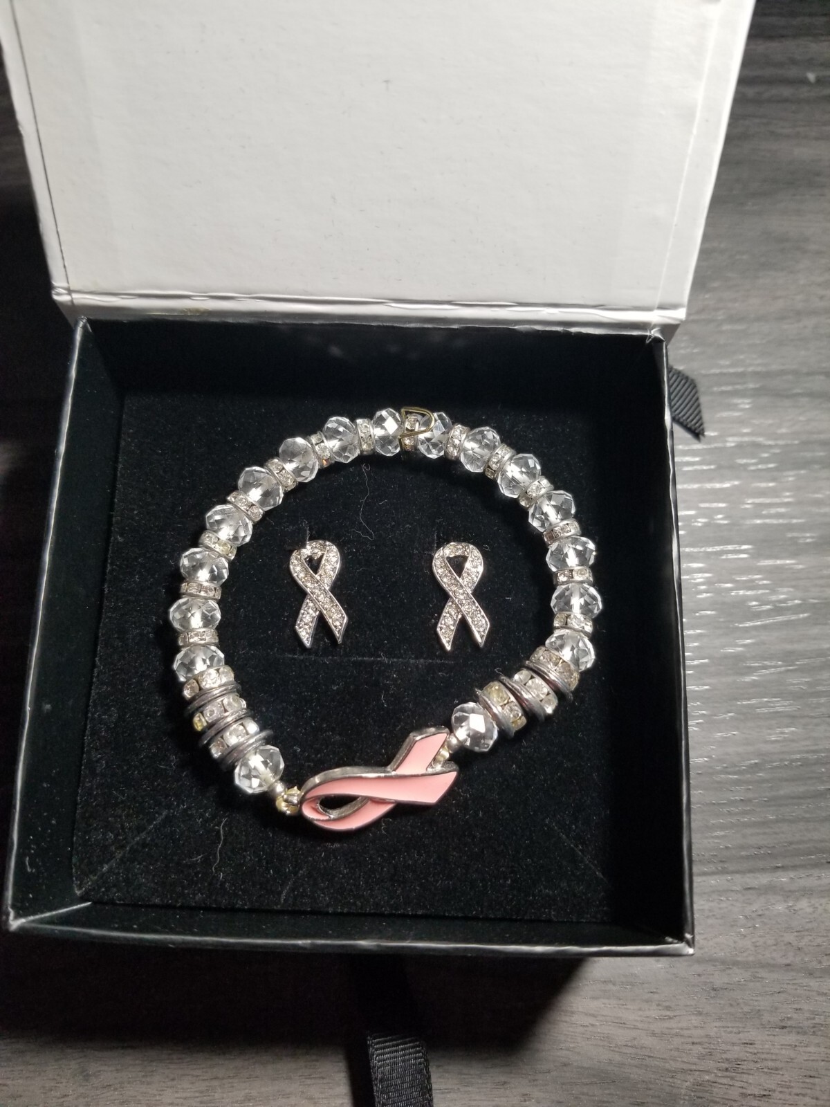 Pink Ribbon Breast Cancer Awareness Bracelet Crystal Beaded Stretch & EARRINGS