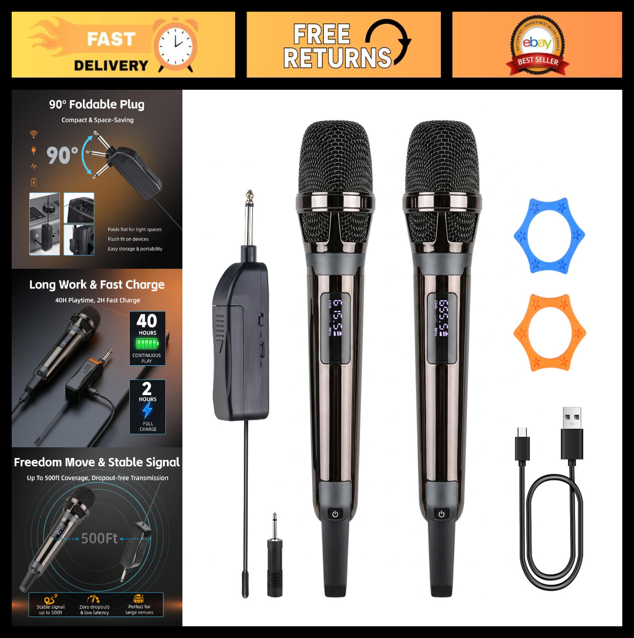 Dual Wireless Microphones for Karaoke - 500ft Range, LED Display, Handheld Mics