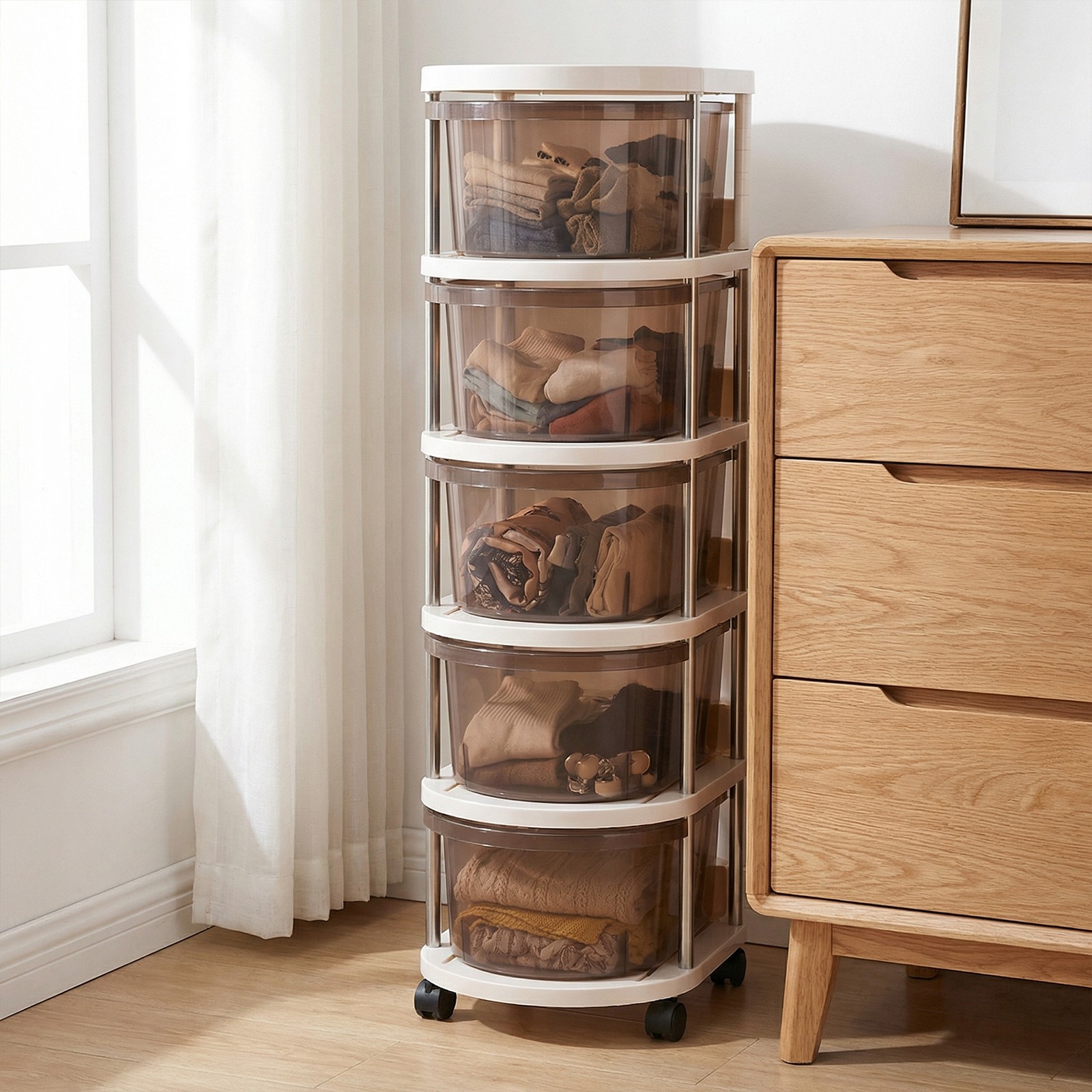 5-Layers Drawer Style Storage Rack with Wheels Bedside Table for Living Room