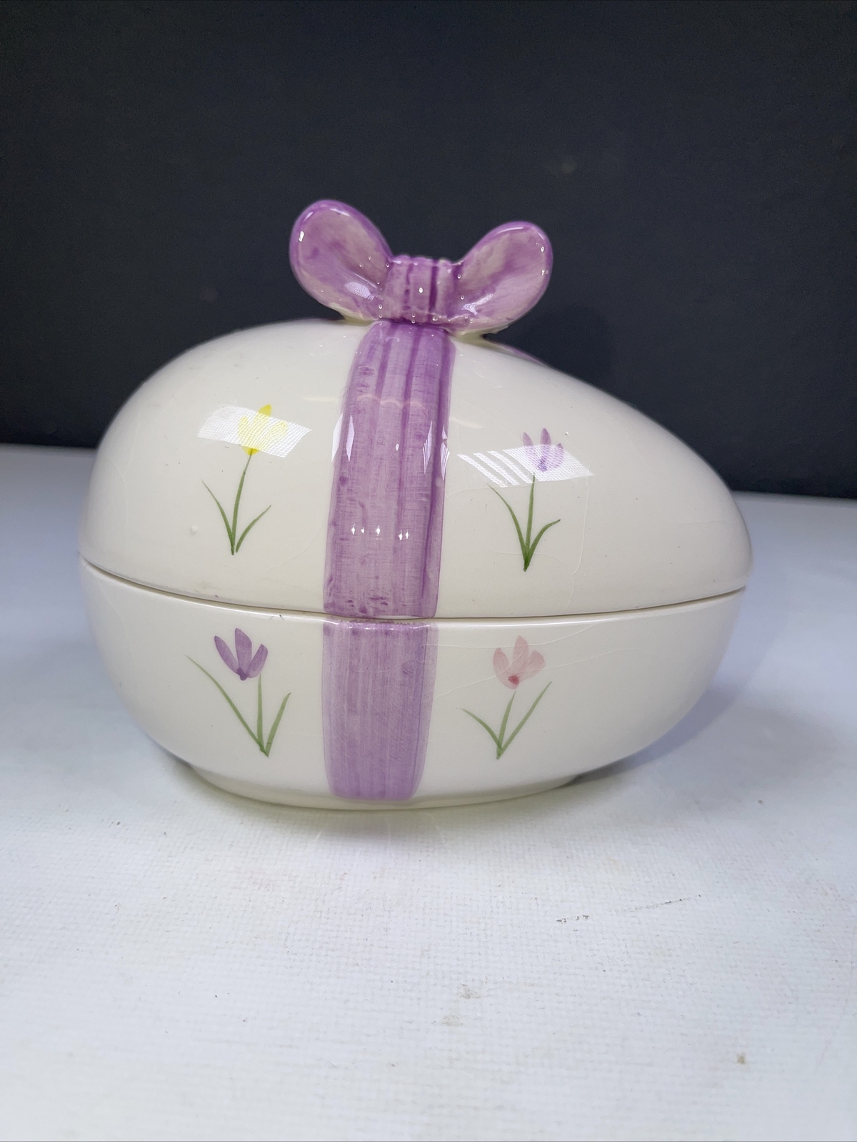 Interpur Porcelain Easter Egg Trinket Box Pink Bow Flowers