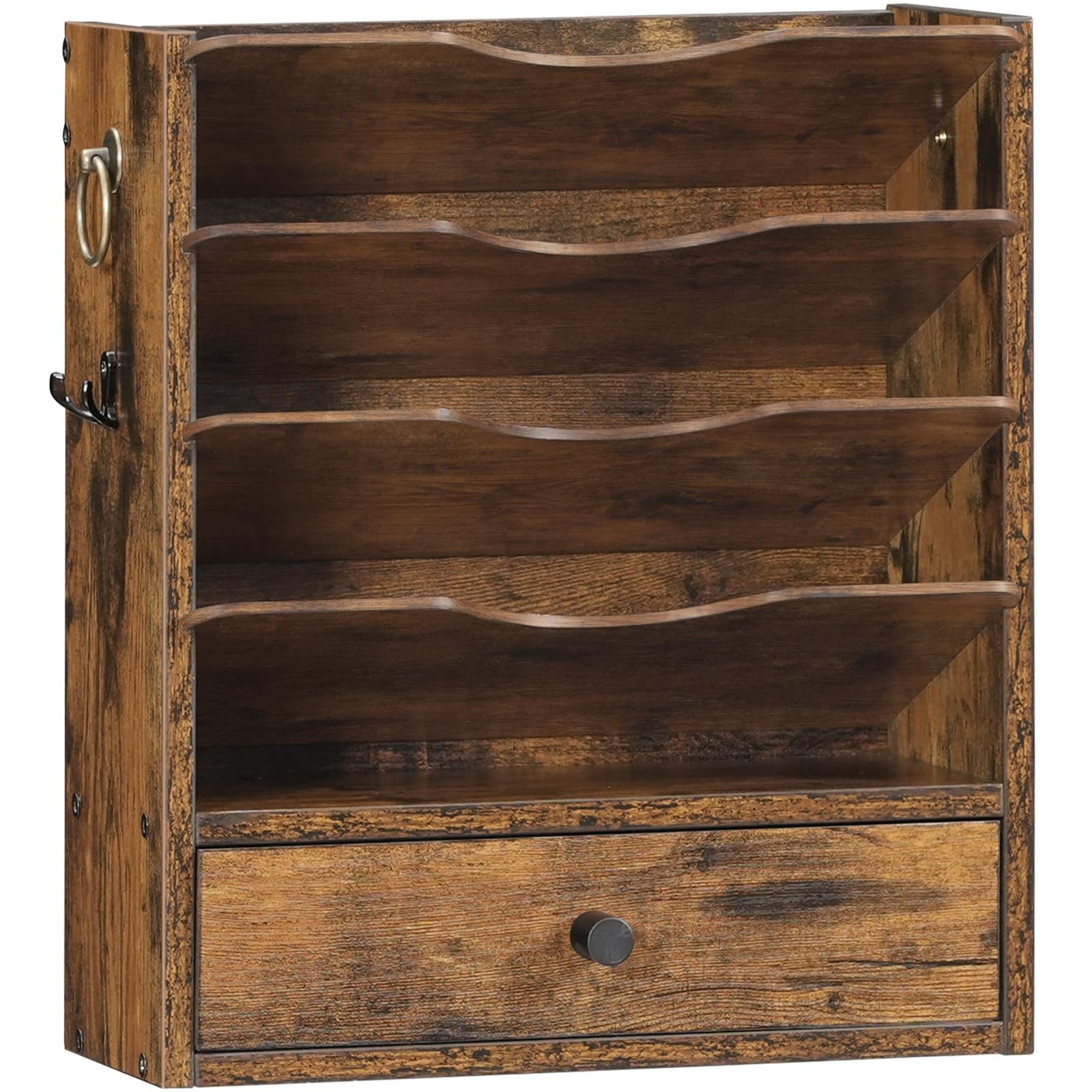 Rustic Brown Wooden Wall Mounted File Mail Organizer Drawer 2 Hooks FG14WF01
