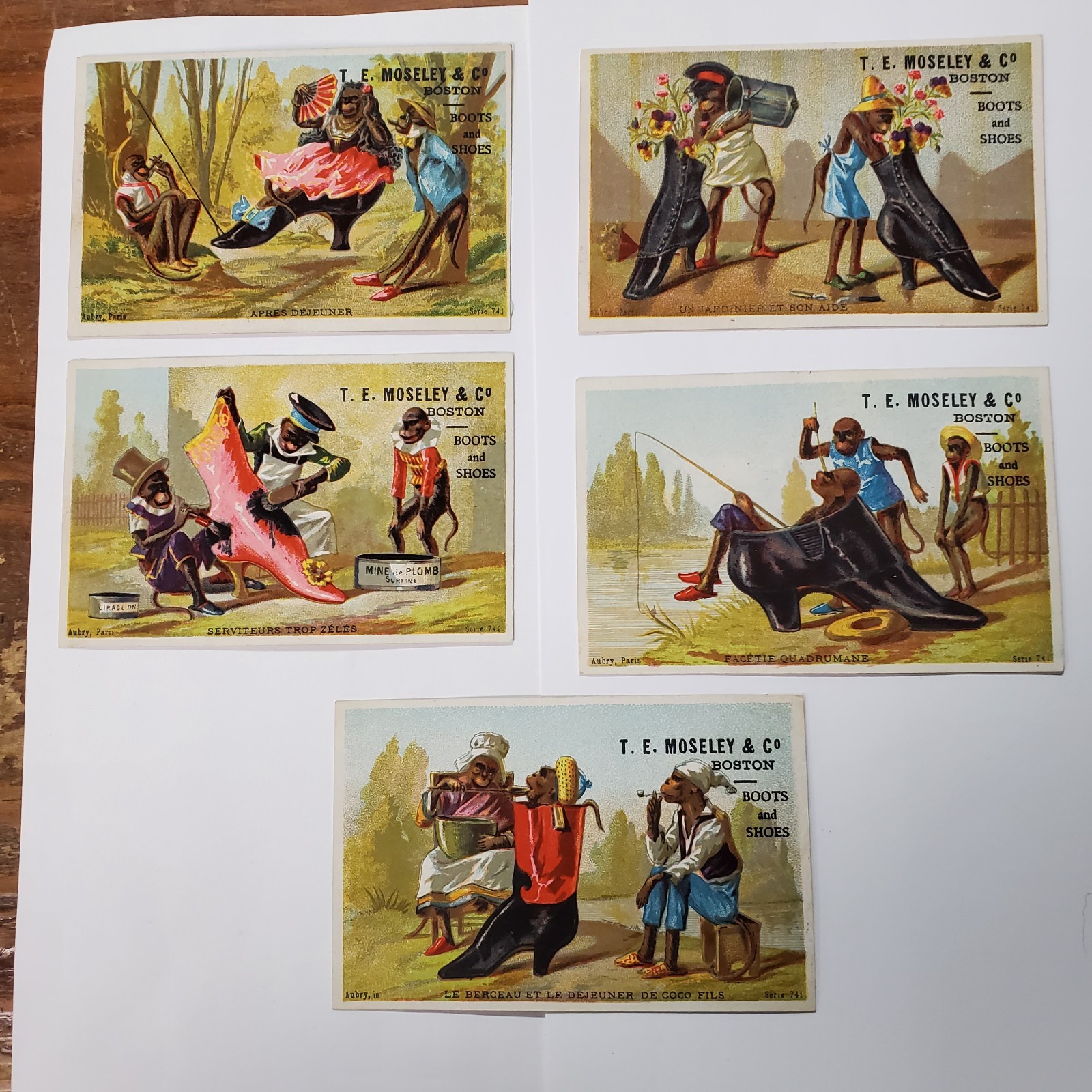 5 Monkey Advertising Cards, T.E. Mosely, Boston, Boots & Shoes
