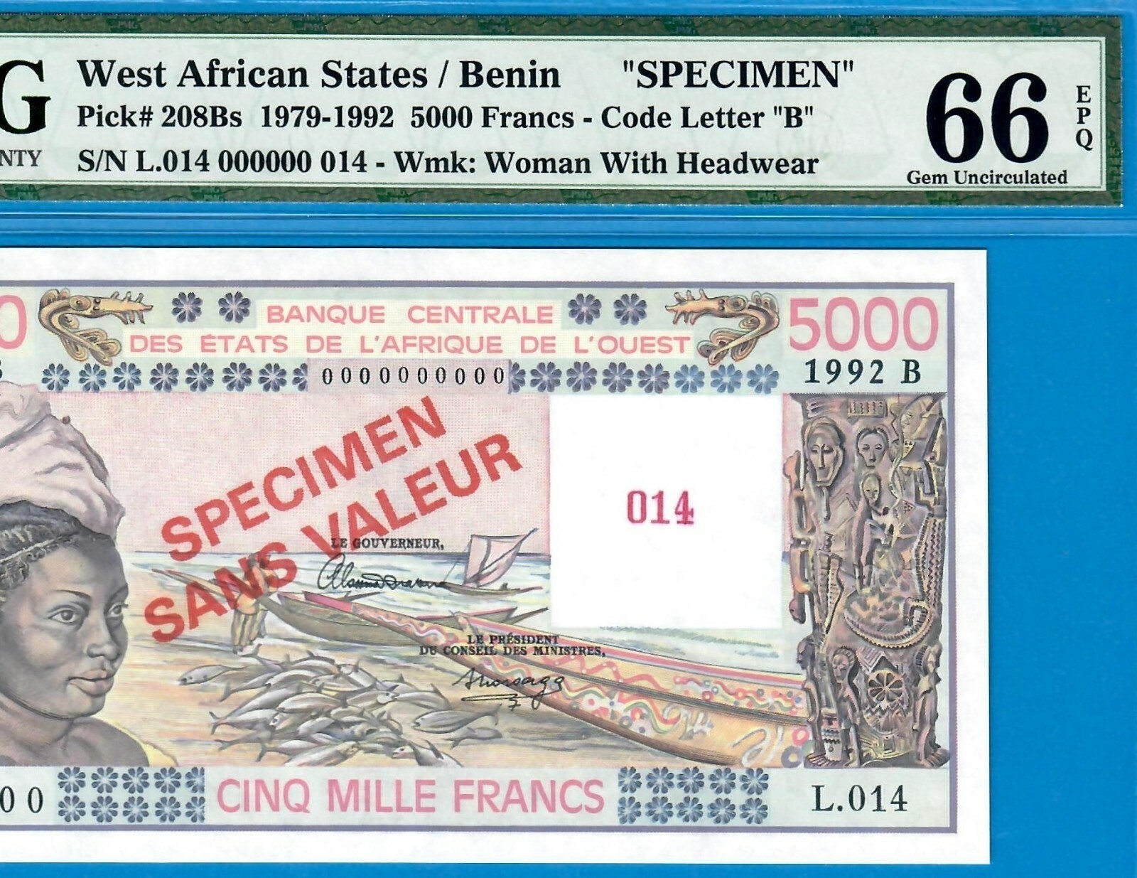 W.A.S / B BENIN-SPECIMEN 5000 FRS-1992-P.208Bs **PMG 66 EPQ GEM UNC**TOP POP**