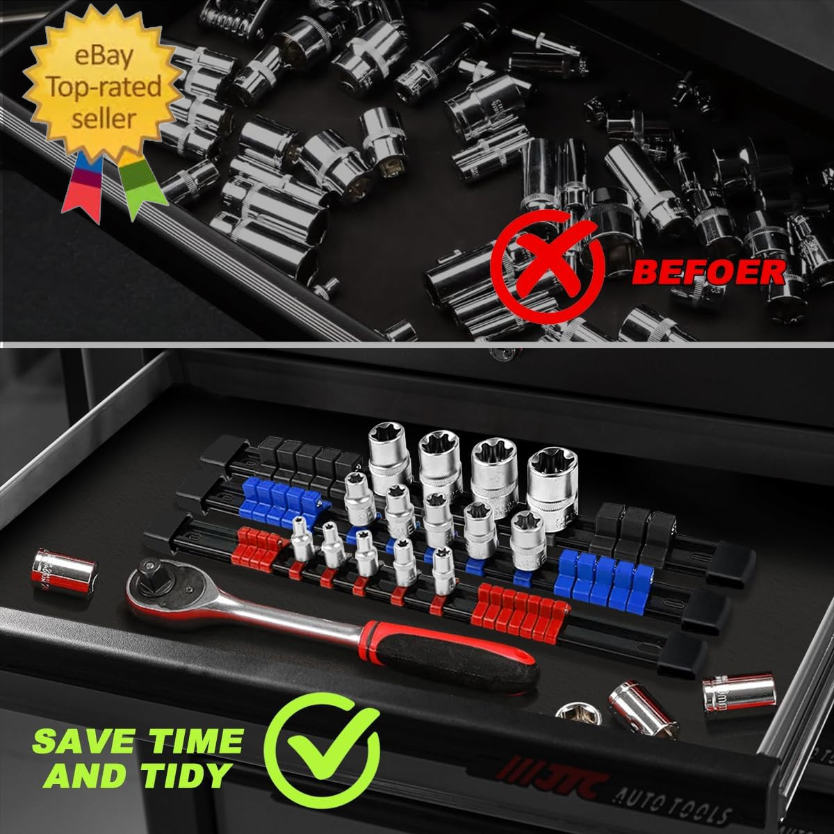 3-Piece Socket Organizer Rail Set, Heavy Duty Socket Holder for 1/4", 3/8", 1/2"