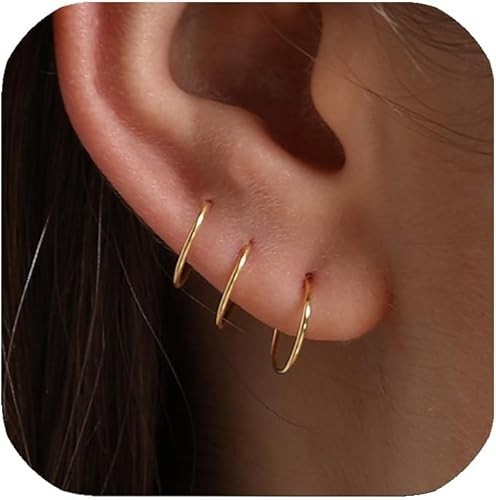 3 Pairs 6mm 7mm 8mm 14K Gold Plated 925 Sterling Silver Thin Small Gold Hoop Ear