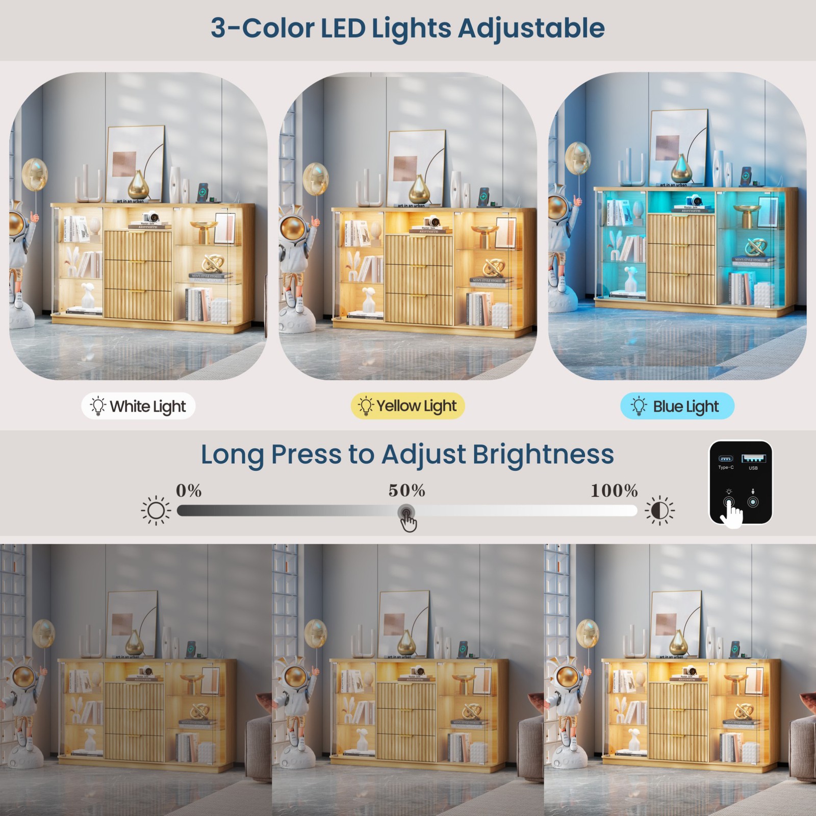 Rounded Display Cabinet with Glass Doors, Curio Cabinet with Human Body Sensor