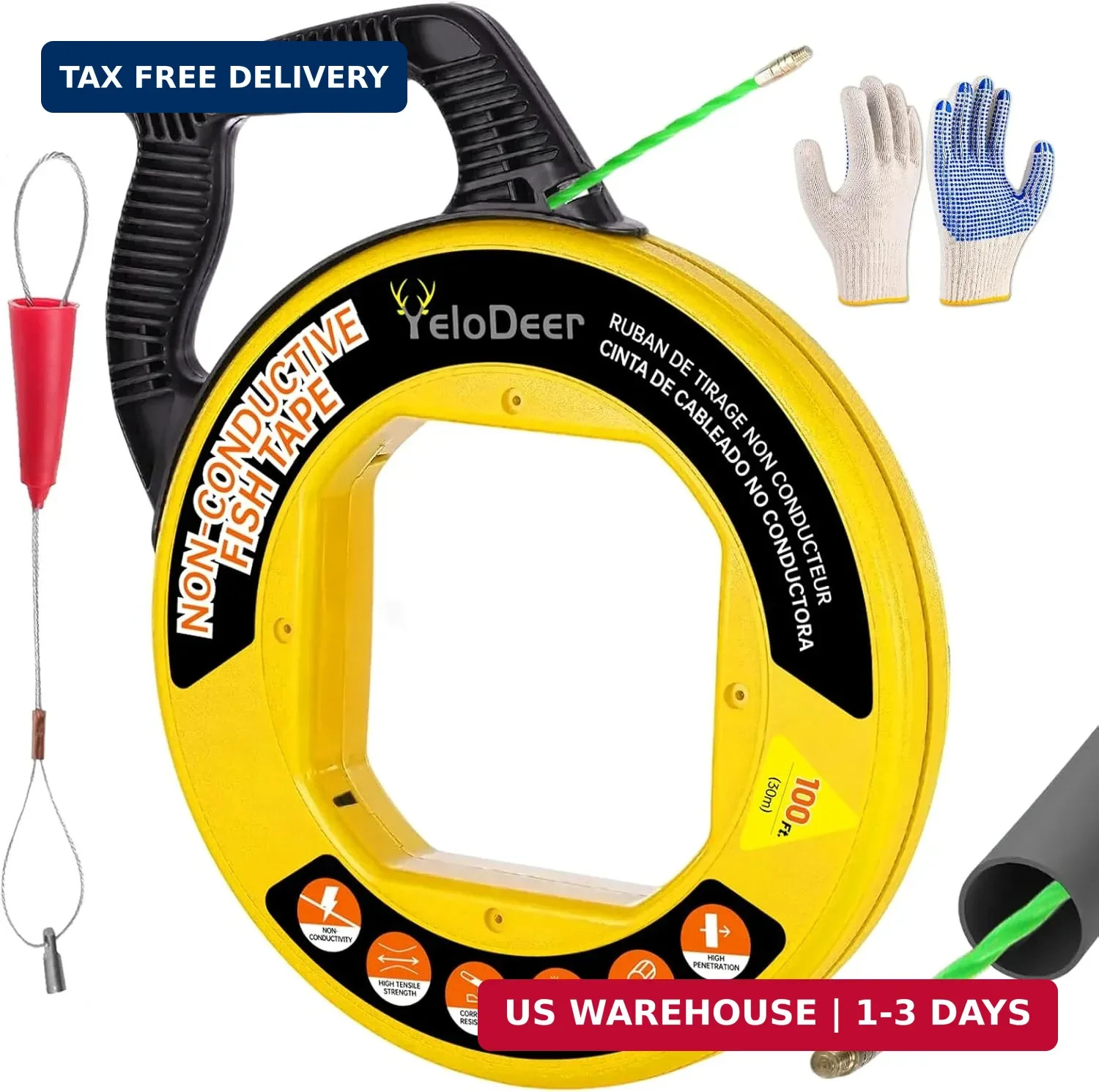 Non-Conductive Fish Tape Wire Puller 100 FT x 4.5 mm with Gloves, Flexible PET W