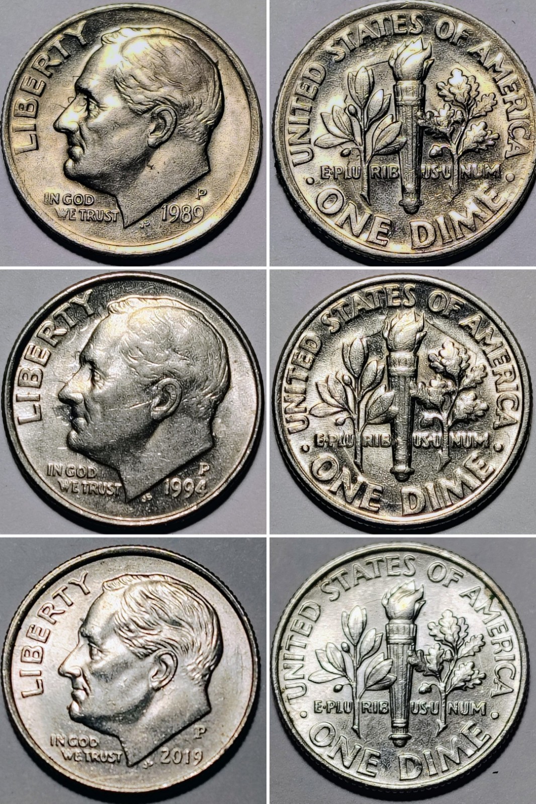 Lot Of 3 Roosevelt Dime Dual Die Clash Error Coins 1989P 1994P & 2019P