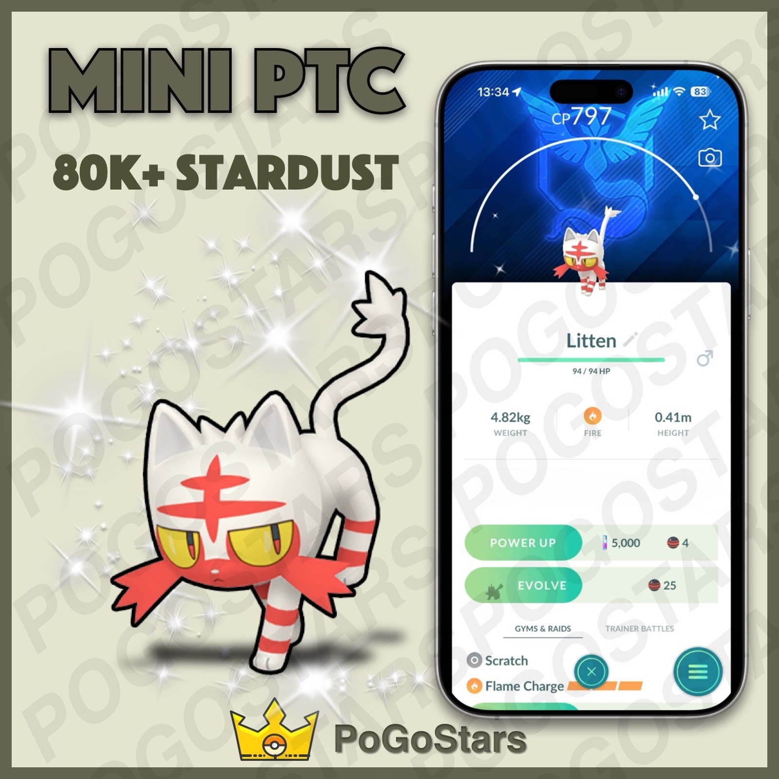 Pokémon PTC Go - Shiny Litten - Team Mystic✨Special Background✨