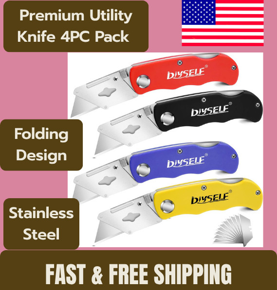 4 Pk Blade Razor Knife Box Cutter Folding Utility Knife Quick with Extra10 Blade