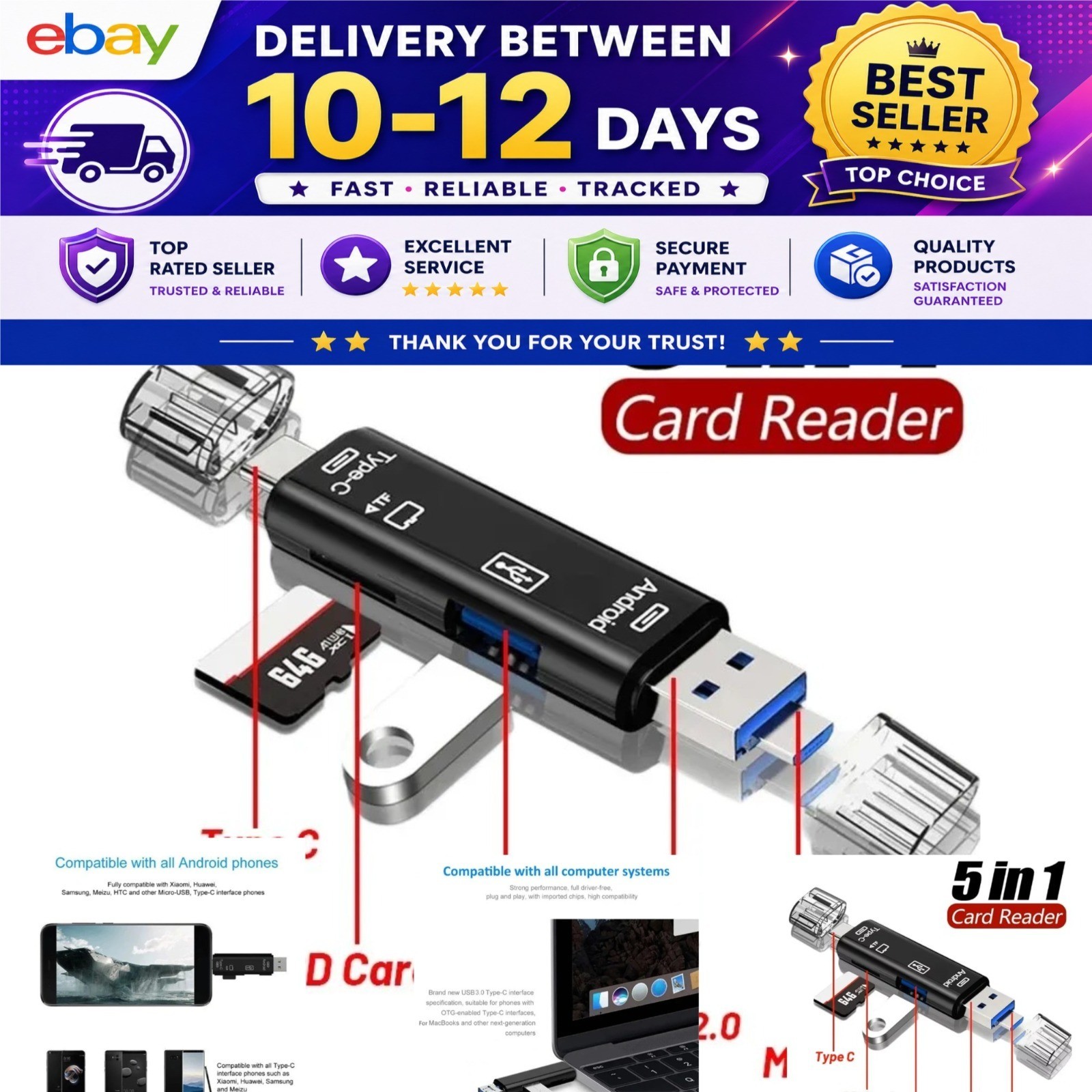 5-in-1 USB-C Memory Card Reader SD MicroSD OTG Adapter
