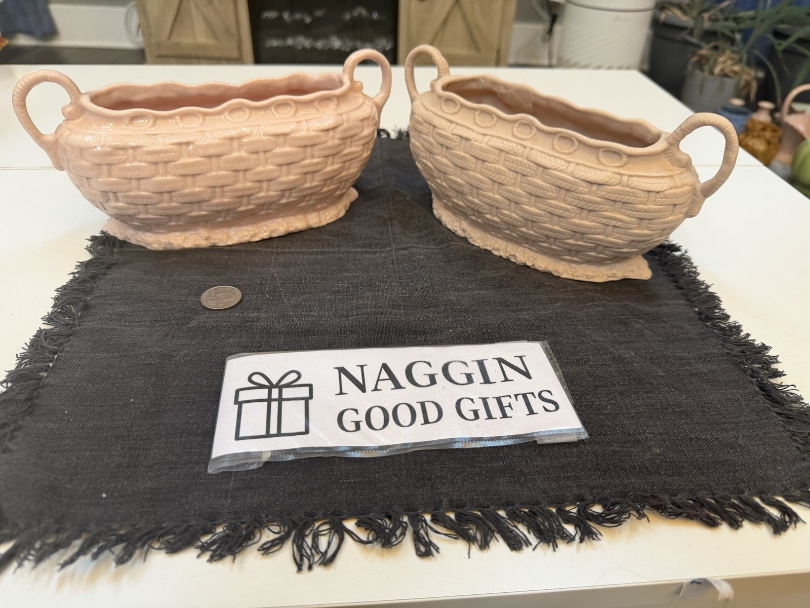 Basketweave Planter Pair Ceramic Blush Cottagecore Interior Design Decor