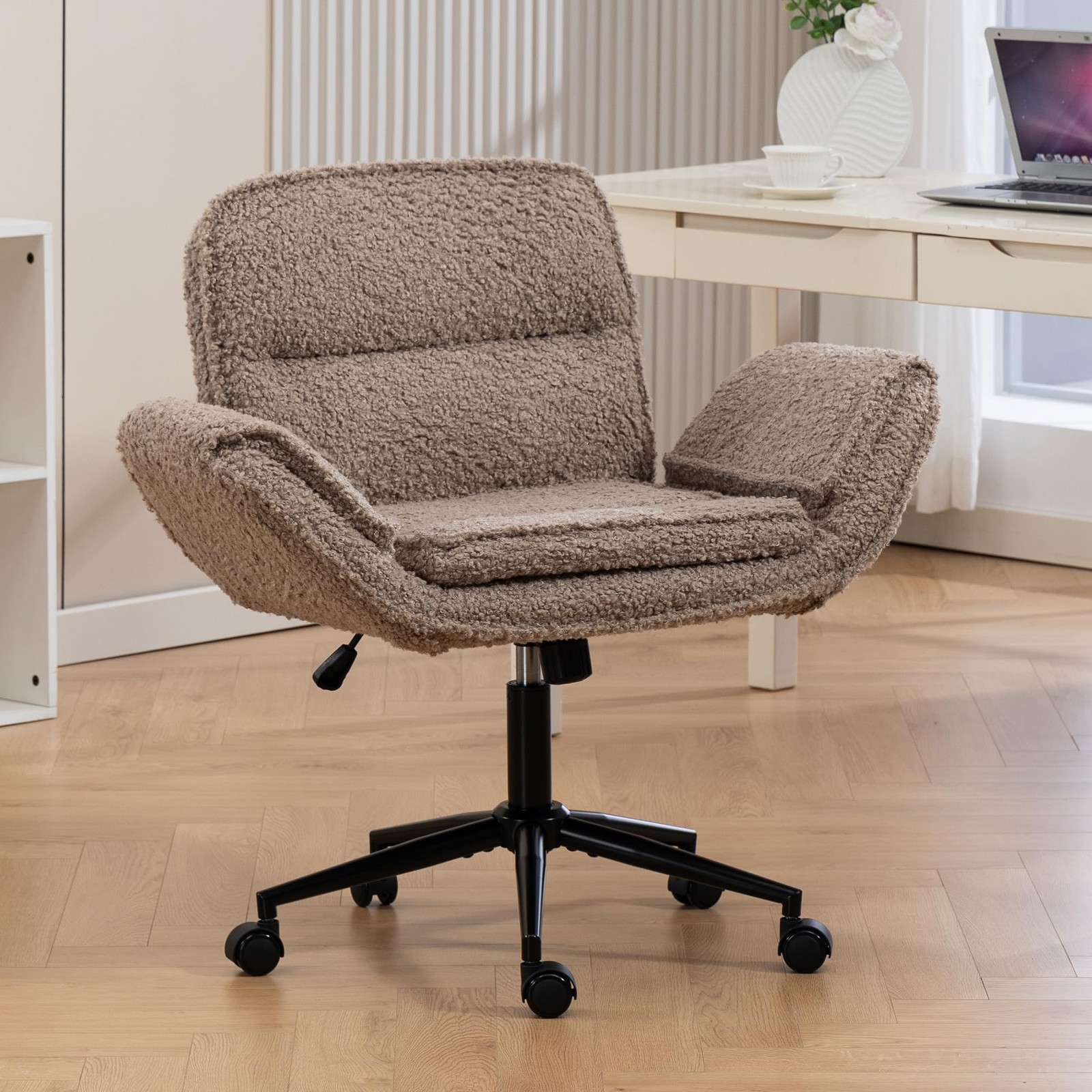 Criss Cross Chair 5-Gear Adjustable Armrests Wheels, Teddy Fleece Ergonomic T...