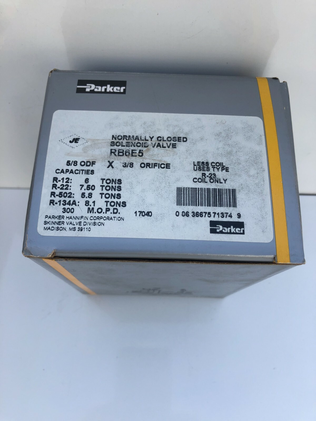 PARKER MODEL RB6E5 NORMALLY CLOSED SOLENOID VALVE 5/8 ODF X 3/8 ORIFICE