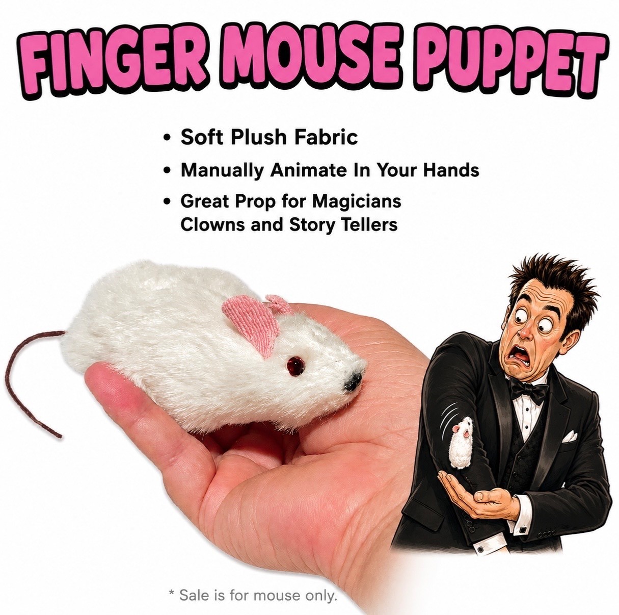 WHITE FINGER MOUSE PUPPET The Judy Magic Trick Fake Toy Animated Jumps Out Hand