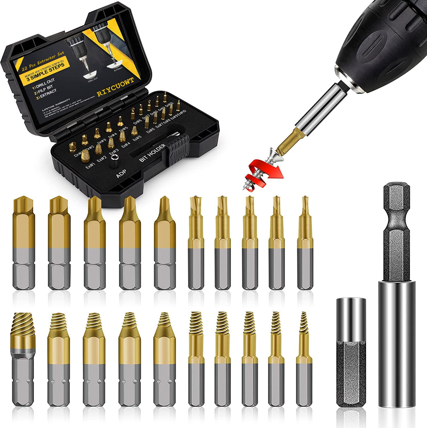 22Pcs Titanium Damaged Screw Extractor Set, Remover for Stripped