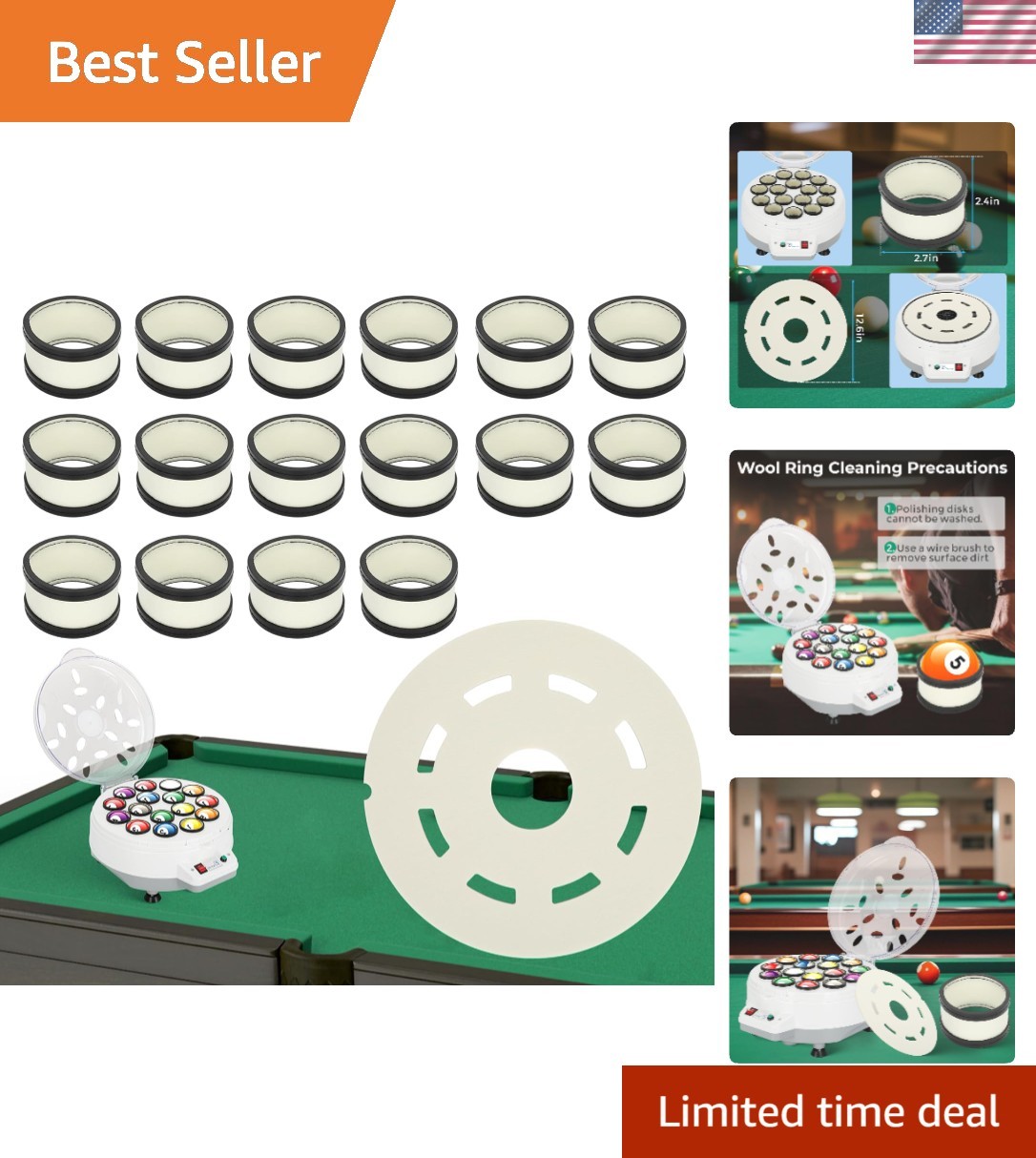 Billiard Ball Cleaner Kit - 16 Wool Rings & Felt Pads for Professionals