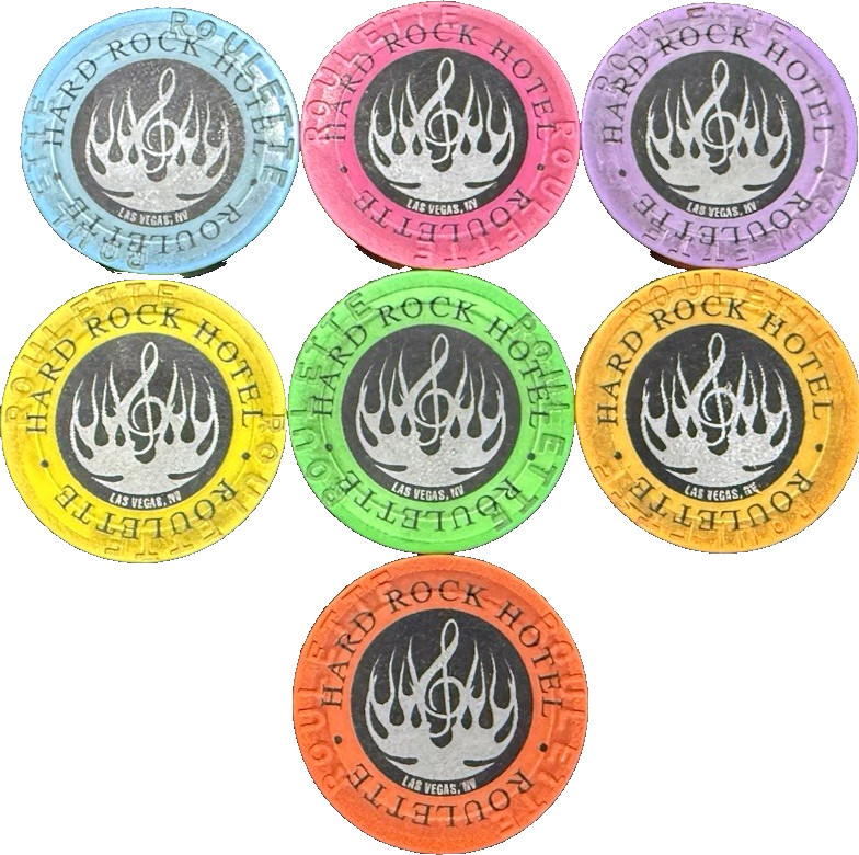 Hard Rock (7 Roulette Silver Casino Chips) "Black w/Silver Flame" Set