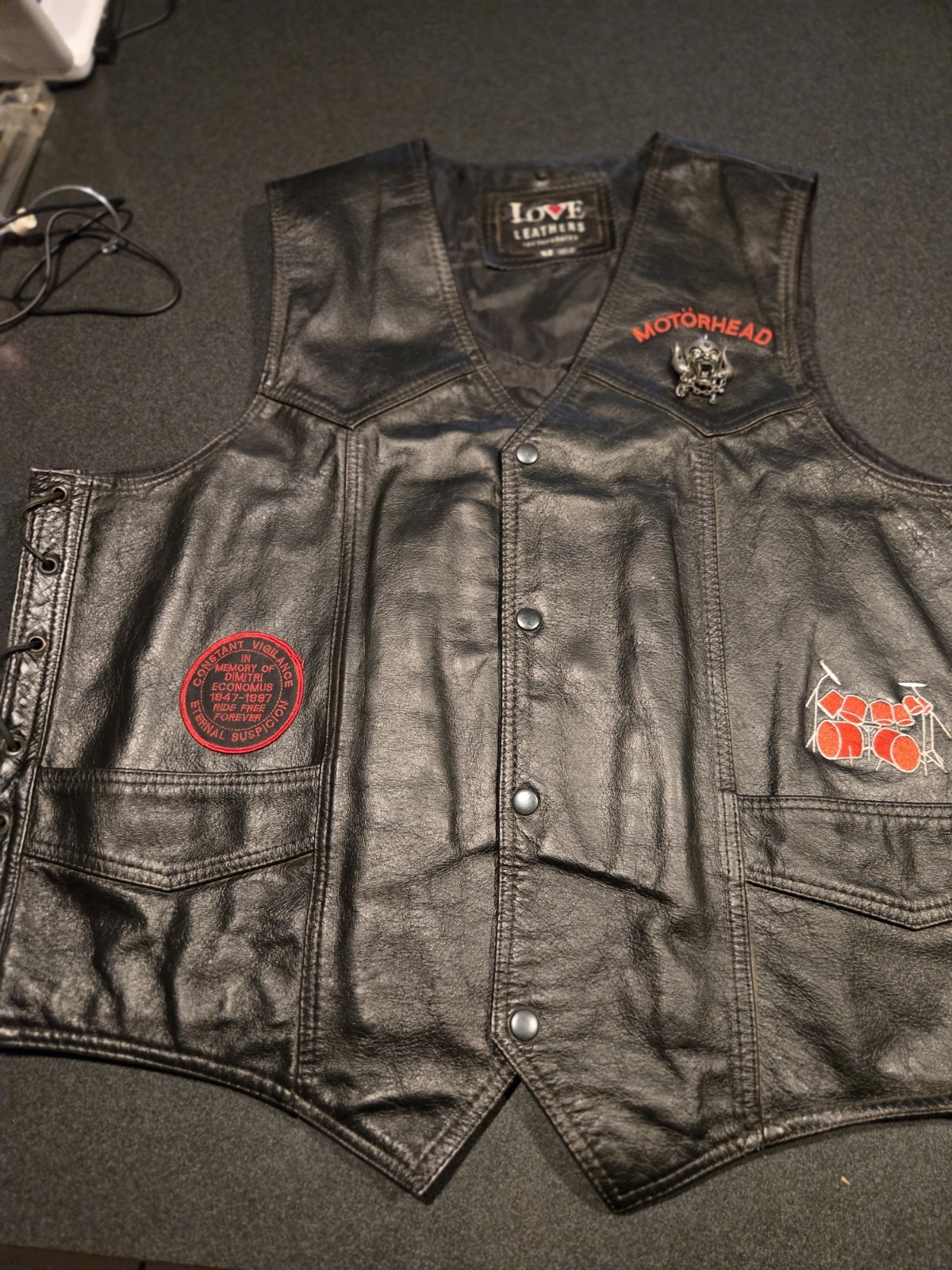 Leather Biker Vest Motörhead Harley Patch Lace Up Size 52