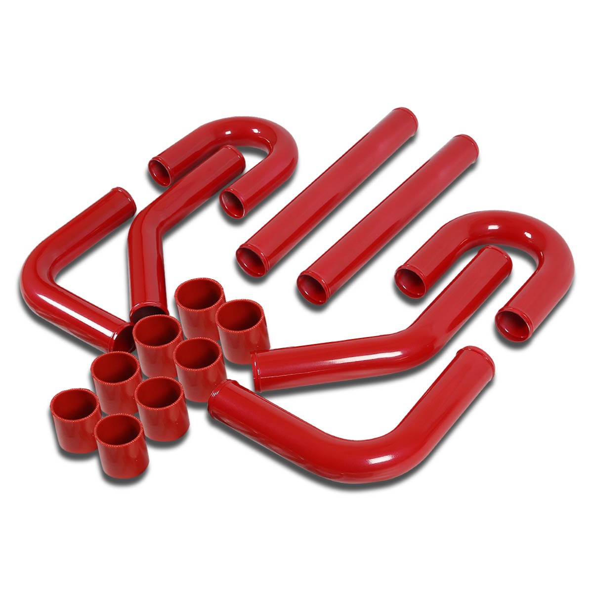 2.5" RED COATED TURBO CHARGER INTERCOOLER PIPING+U PIPES+T-CLAMPS+SILICONE HOSE