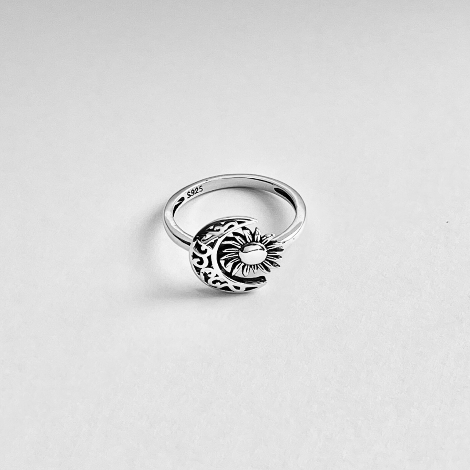 Sterling Silver Filigree Moon Face and Sun Ring, Celestial Silver Rings