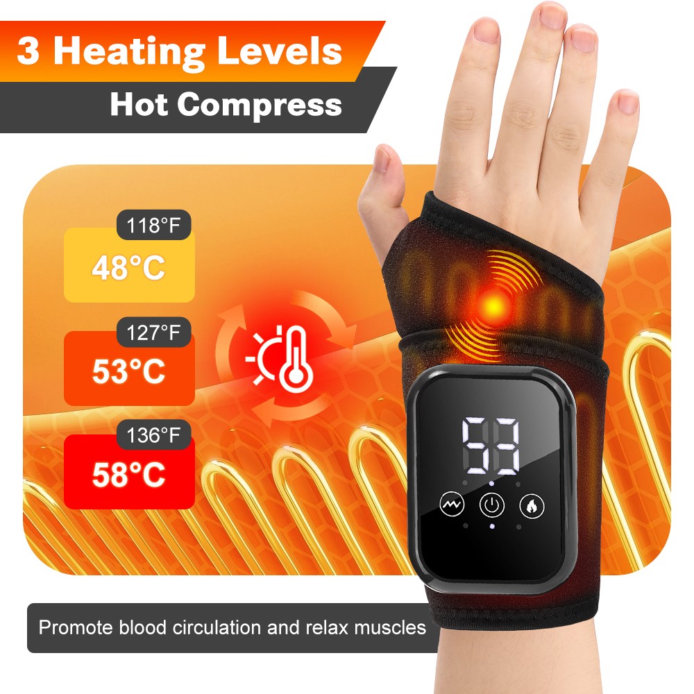 USB Rechargeable Heated Wrist Massager with Vibration Hand Brace for Pain Relief