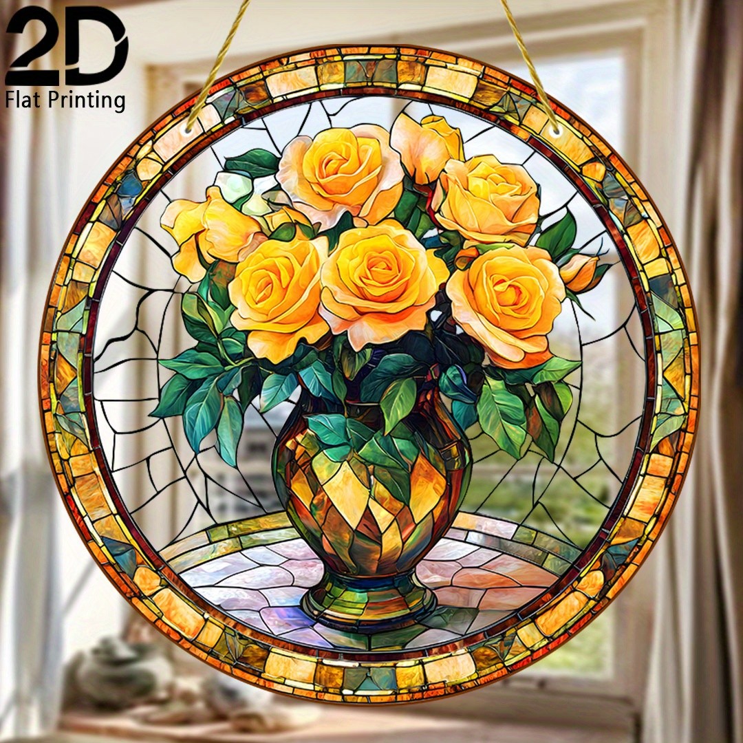 Golden Rose Bouquet Acrylic Suncatcher Nature Inspired Home Hanging Decoration
