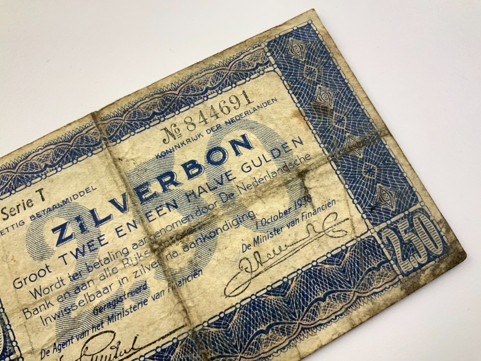 1938 Netherlands Zilverbon 2 1/2 2.50 Gulden Silver Voucher Banknote II886