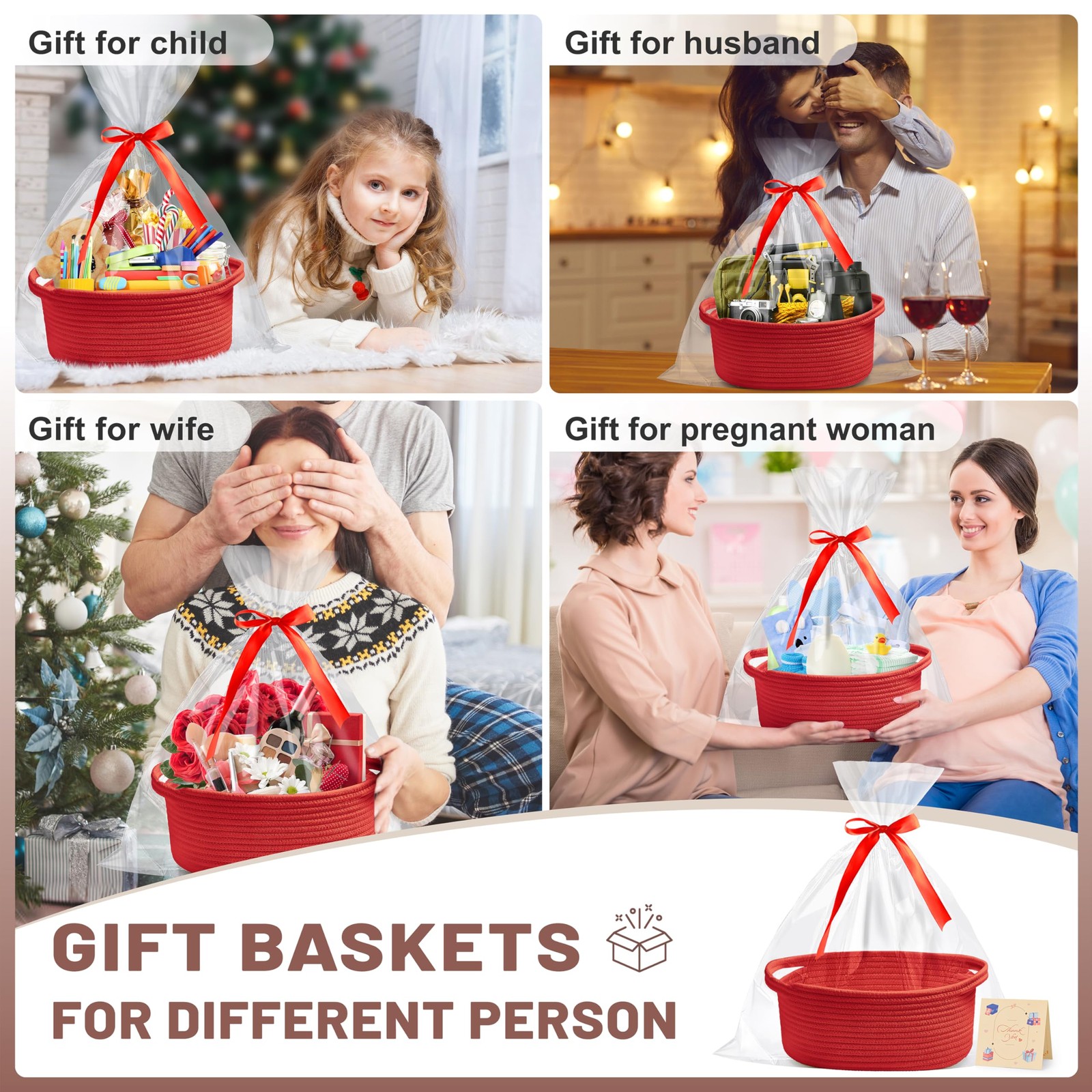 Bufims Small Woven Red Gifts Basket for Storage Empty with Ribbons and Bags D...