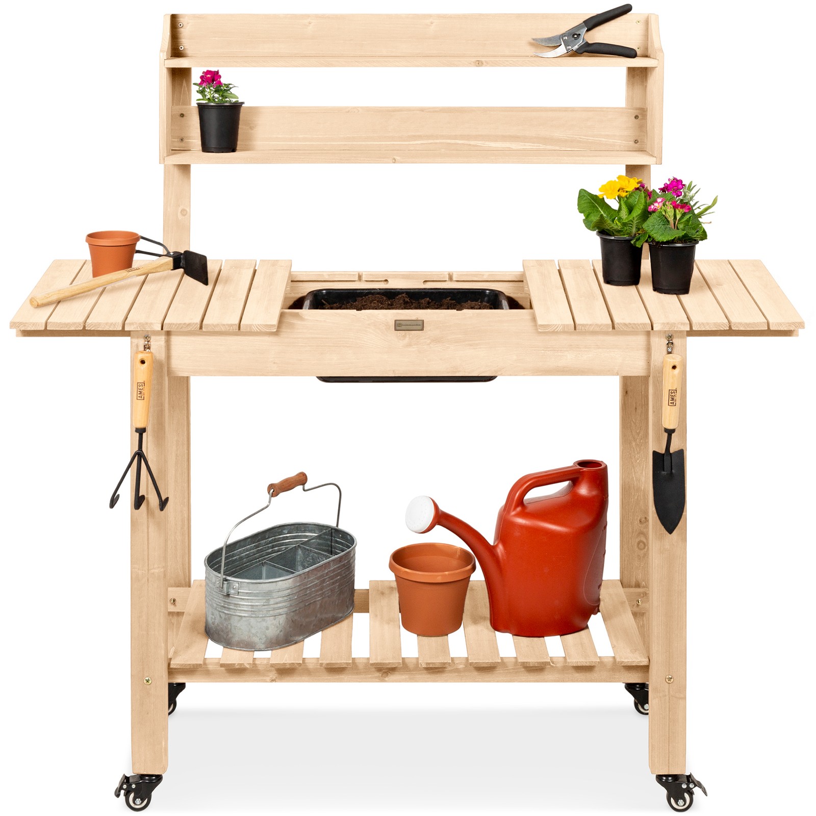 Best Choice Products Wood Potting Bench Sliding Tabletop Food Grade Dry Sink