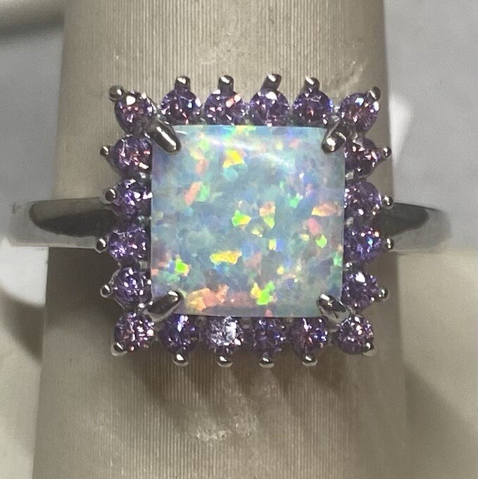 Sterling Silver Created Opal And Amethyst CZ Ring Rhodium Plated