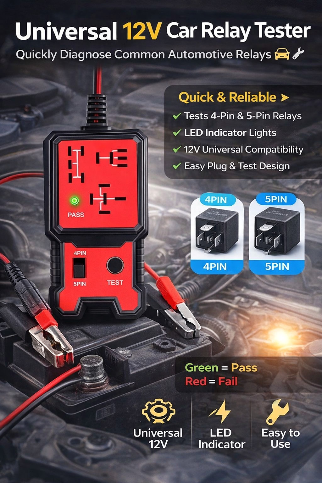 New Automotive Electronic Relay Car Relay Tester Universal 12V LED Indicator