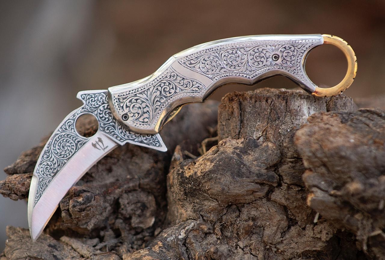 Hand Engraved Folding Knife with Leather Sheath – Karambit Style Pocket Knife