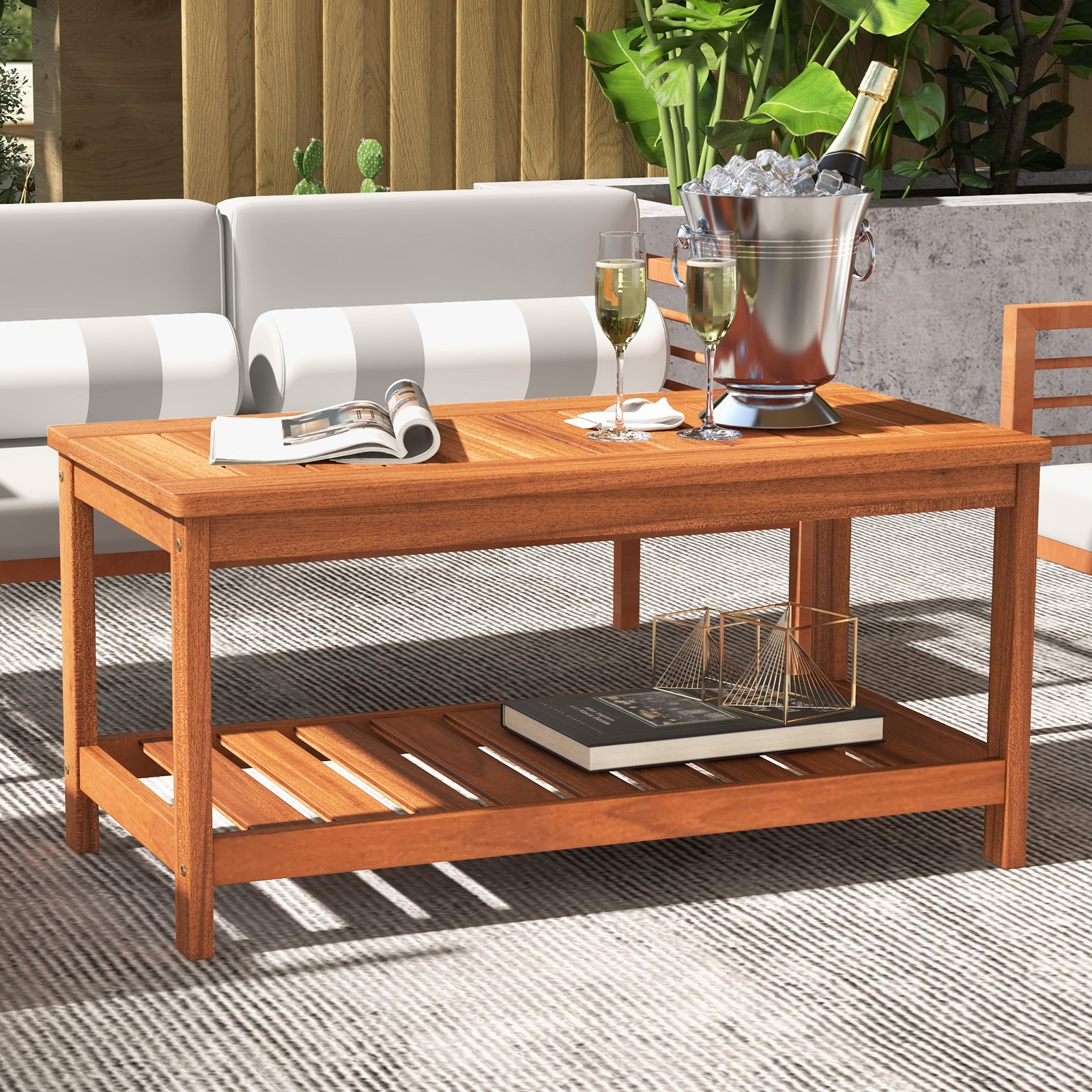 2-Tier Outdoor Side Rectangle Side Table Patio Coffee Table Solid Wood Porch