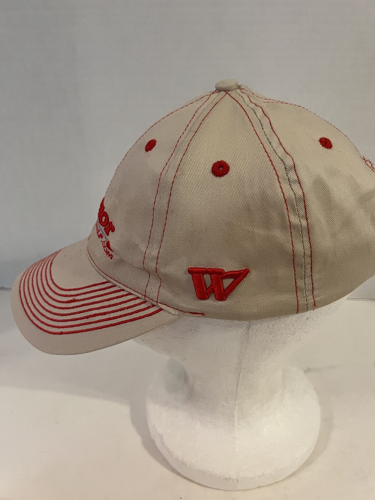 Warrior Custom Golf Hat Strap Back Beige Red Contrast Stitch Spellout
