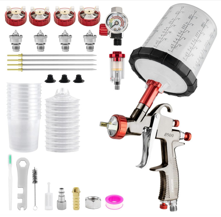 Pistola de Pintura LVLP R500 con 10 Vasos 650ml y 4 Boquillas Pro