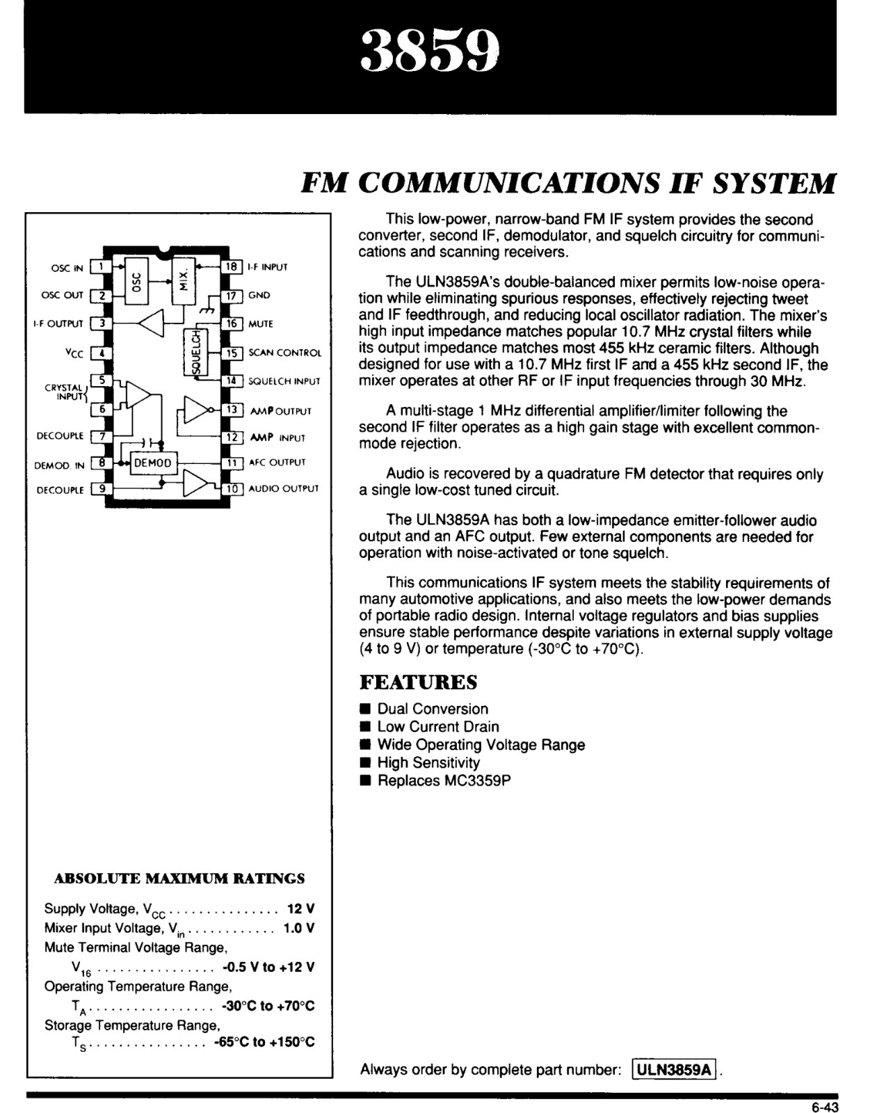 ULN3859A Sprague FM IF System IC Demodulator Modulator DIP-18