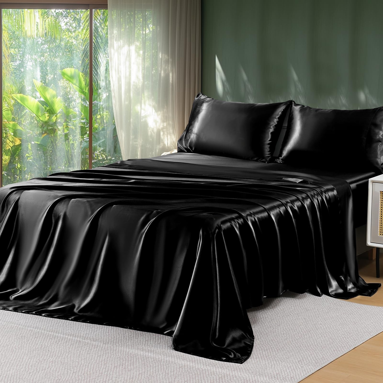 Satin Sheets King - 4 Pieces Luxury Soft Black Silky Bed Sheets Set with Pill...