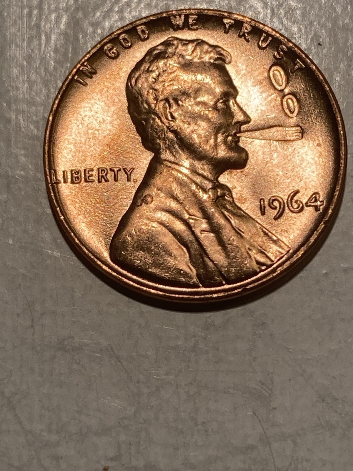 1964-P Lincoln Memorial Cent Smoking Cigar - Counterstamped Folk Art FREE SHIP