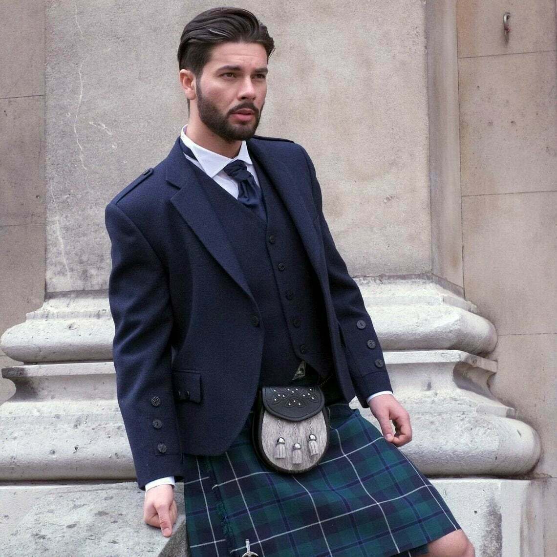 Navy Blue Wool Argyle Kilt Jacket Scottish Wedding Argyll Kilt Jacket With Vest