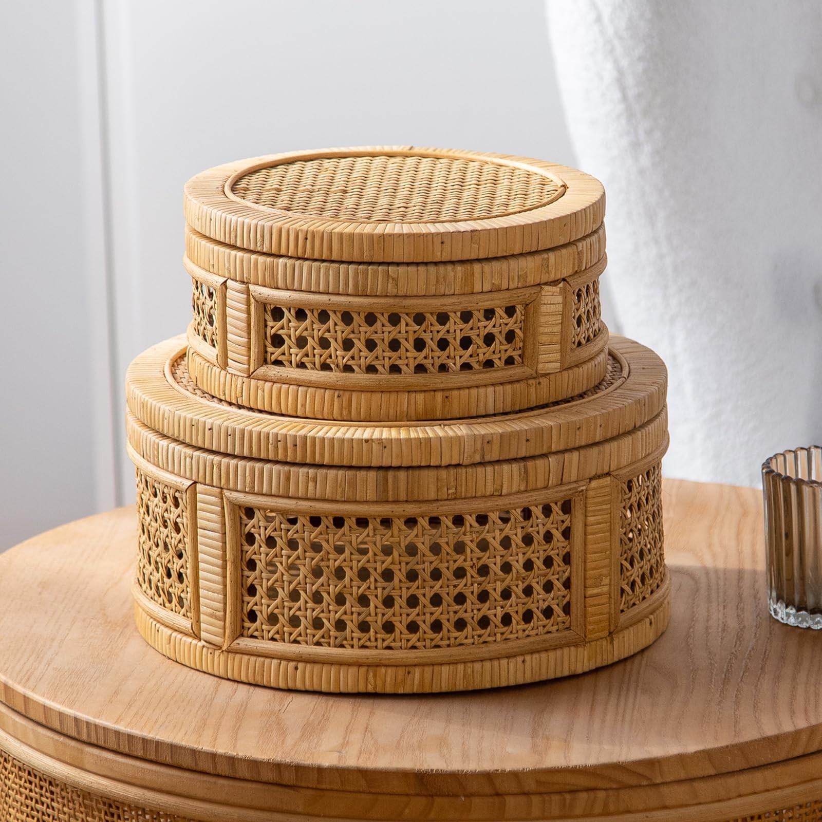 Rattan Decorative Box, Boho Decorative Boxes with Lids, Set of 2 Round Farmho...