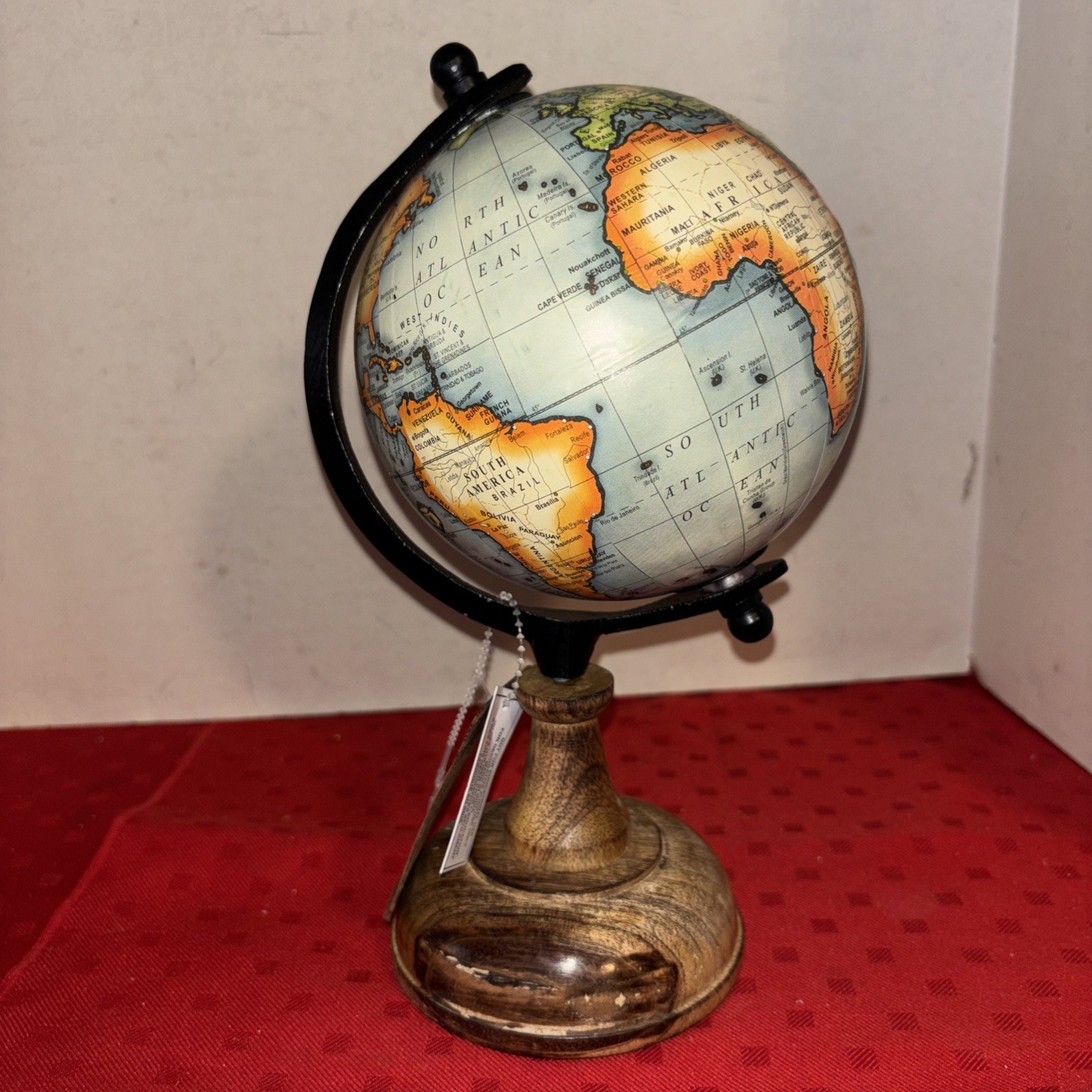 VINTAGE STYLE MINIATURE GLOBE - Wood & Metal 9.5"Tall