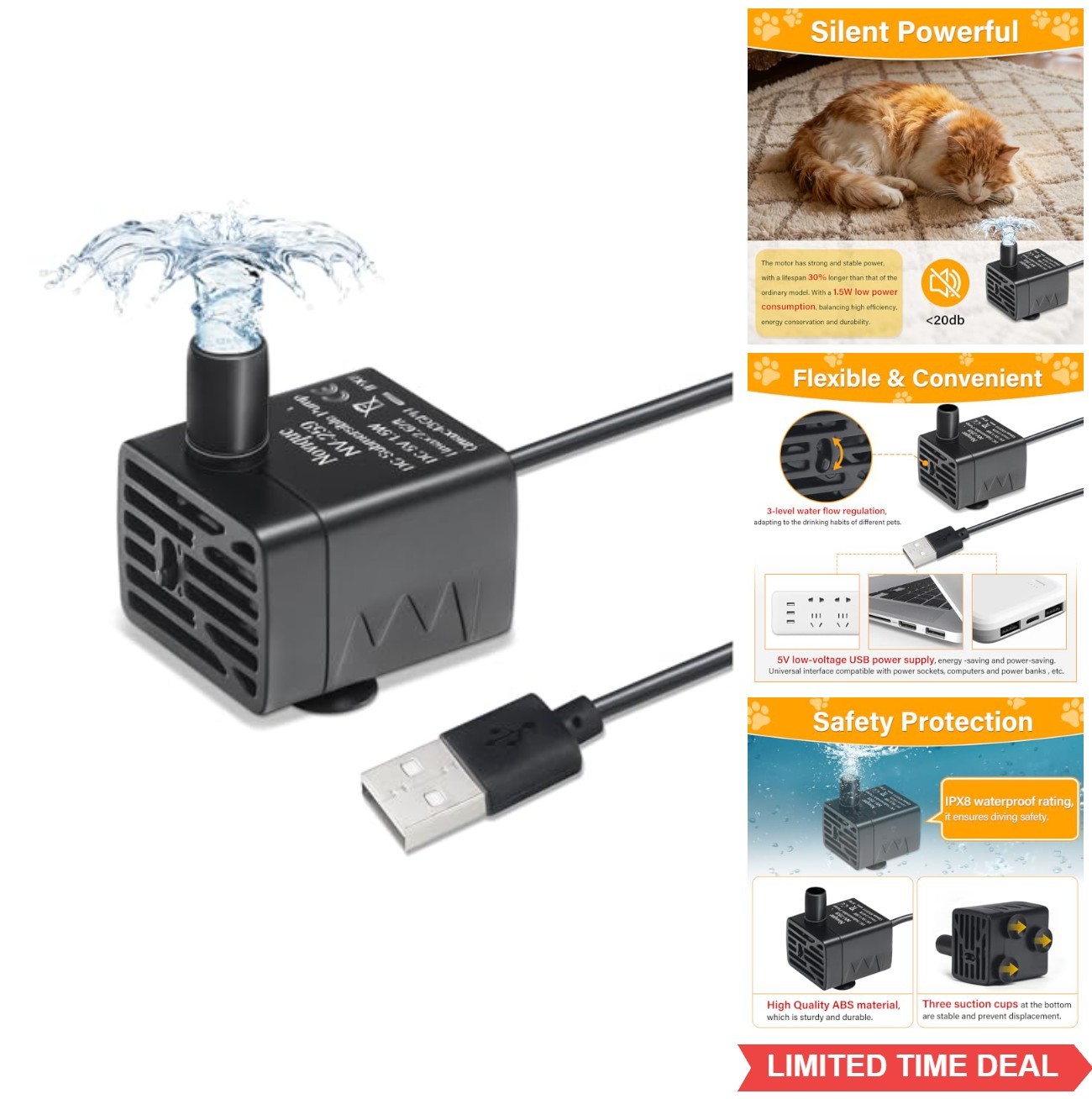 Submersible Replacement Pump for Cat Water Fountain Ultra Quiet 5V IPX8 USB