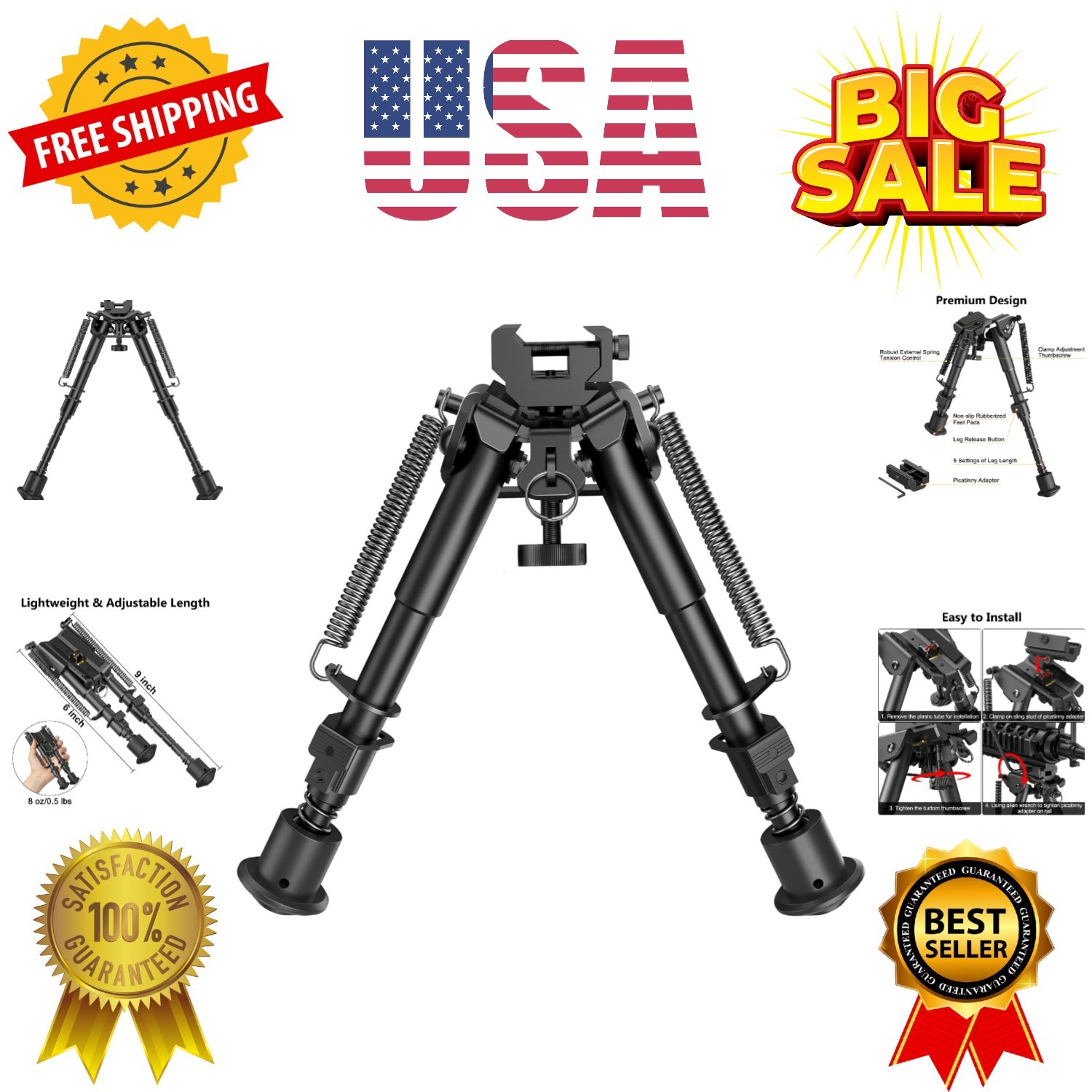 6-9 Inches Picatinny Bipod Adjustable Spring Return with Picatinny Adapter