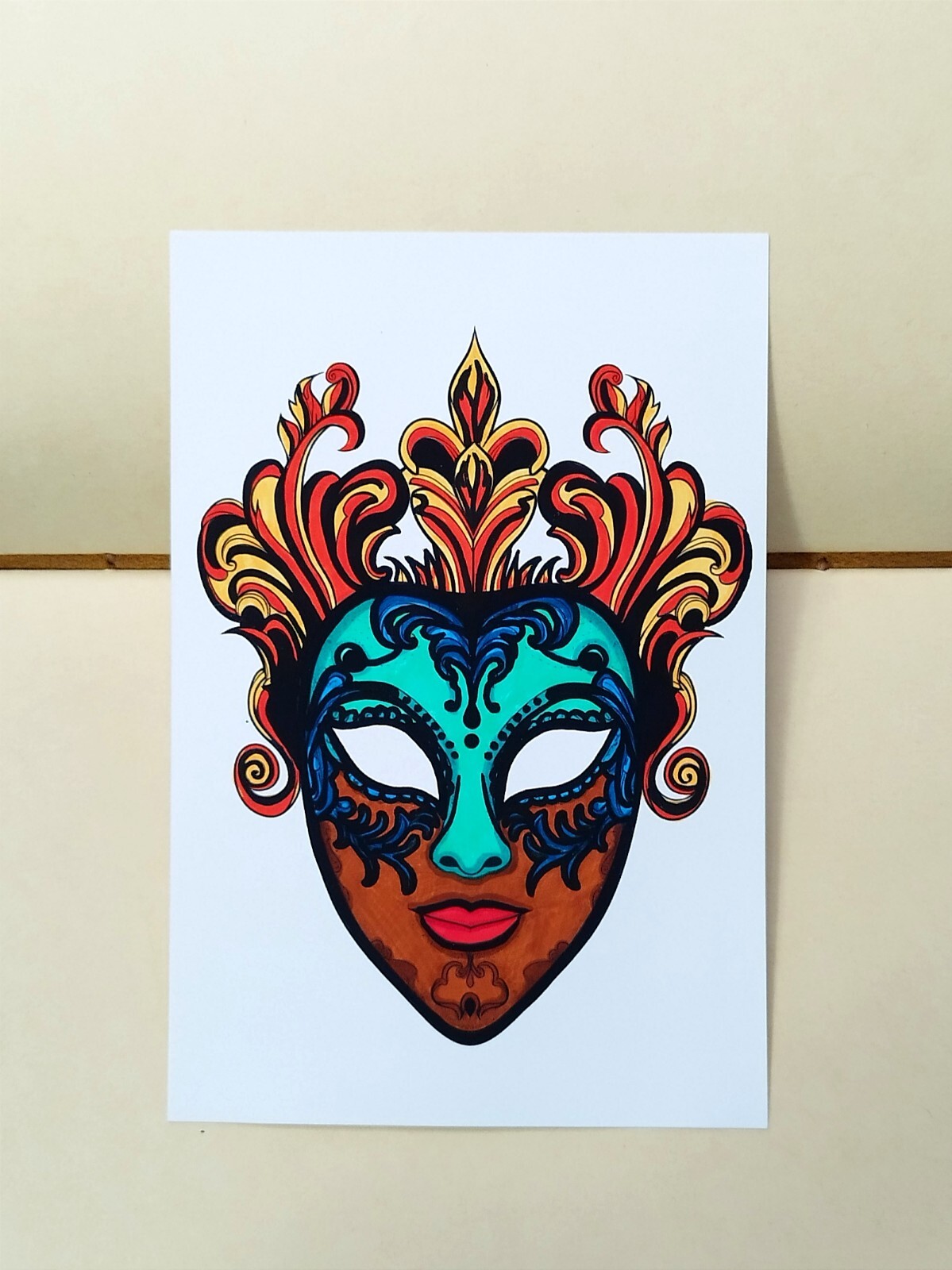 Carnival Mask Drawing Unframed Hand-Colored